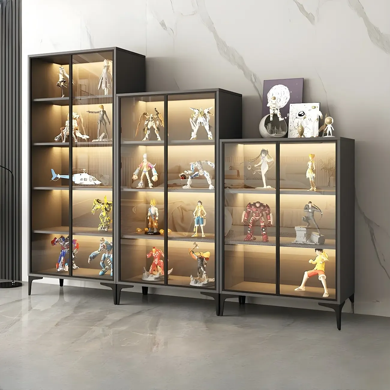 Freestanding Black Tempered Glass Wood Display Cabinet