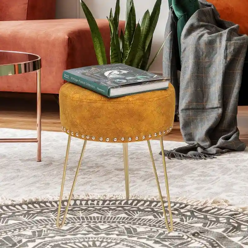 Adeco Round Footstool Ottoman Velvet Dressing Stool Gold Metal Legs