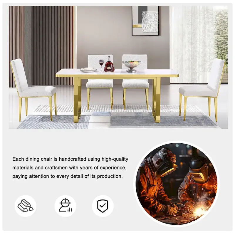 Luxurious White Boucle Dining Chairs with Polished Gold Metal Legs