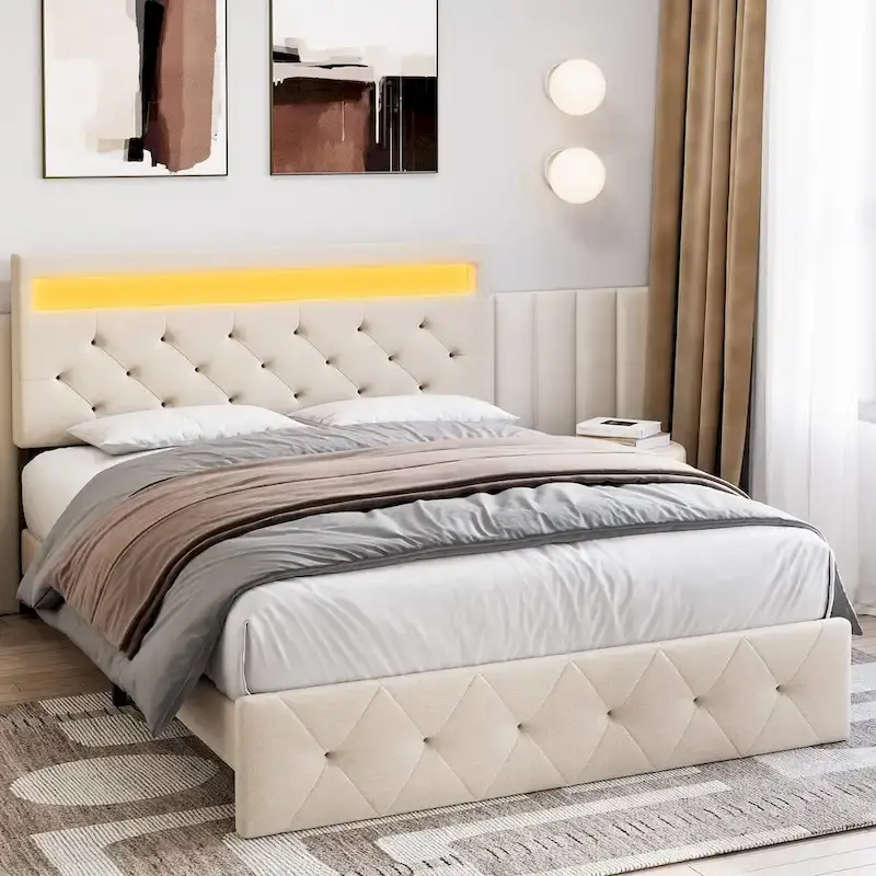 Bed Frame with LED Lights Headboard