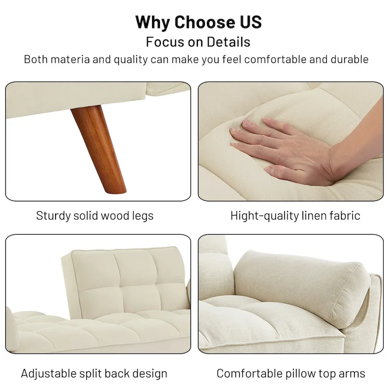 Convertible Futon Sofa Bed, Tufted Linen, Wood Legs, 3-Position Backrest, 500 lbs, Seats 2, Beige/Grey/Green/Yellow
