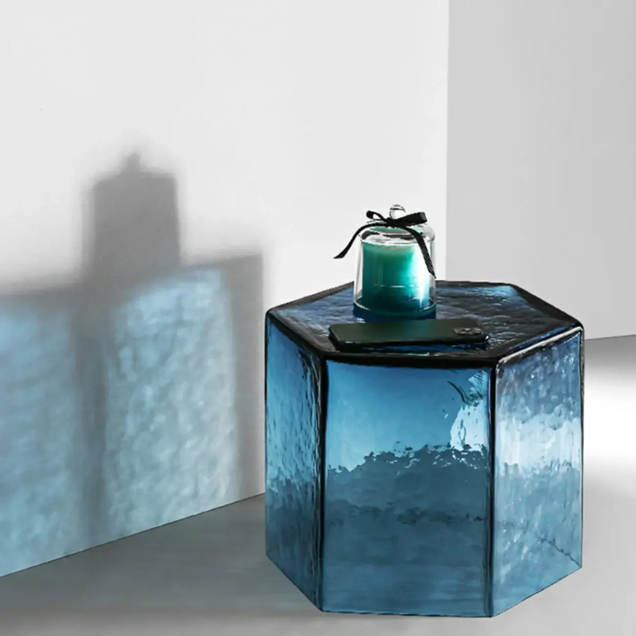 Modern Blue Glass Hexagon End Table for Living Room