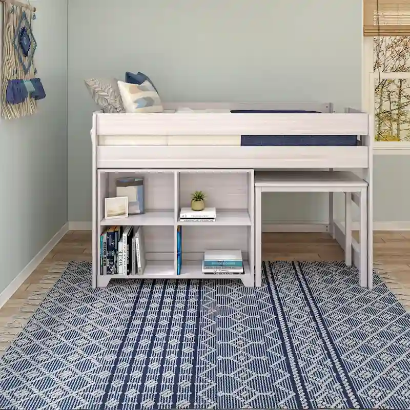 Max and Lily Farmhouse Twin-Size Low Loft with 4-Shelf Bookcase and Desk