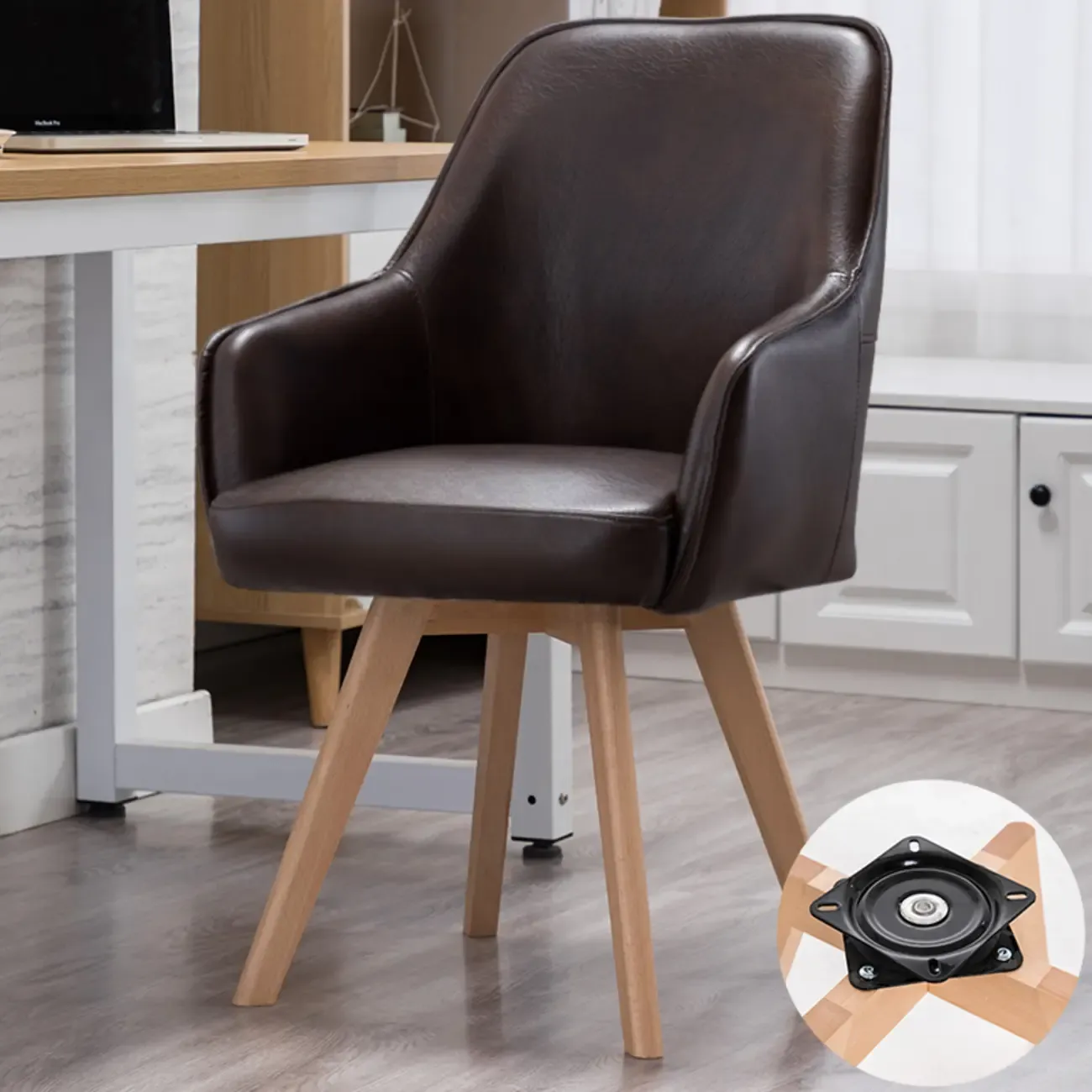 Scandinavian Leather Swivel Dining Chair with Wood Legs