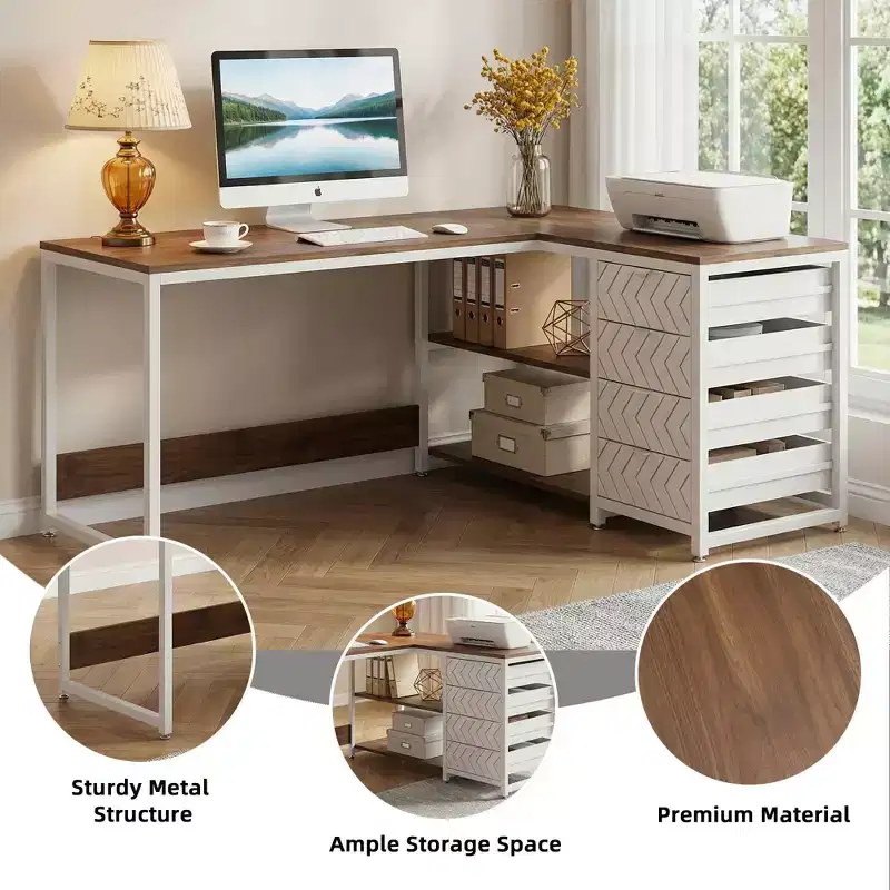 MAYEERTY Reversible L-Shaped Desk with 2-Tier Shelf & 4 Drawers