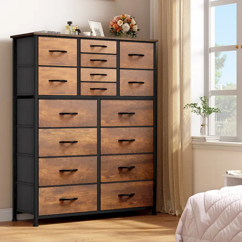 Moasis 16-drawer Dresser Chest with Metal Frame, Wood Tabletop