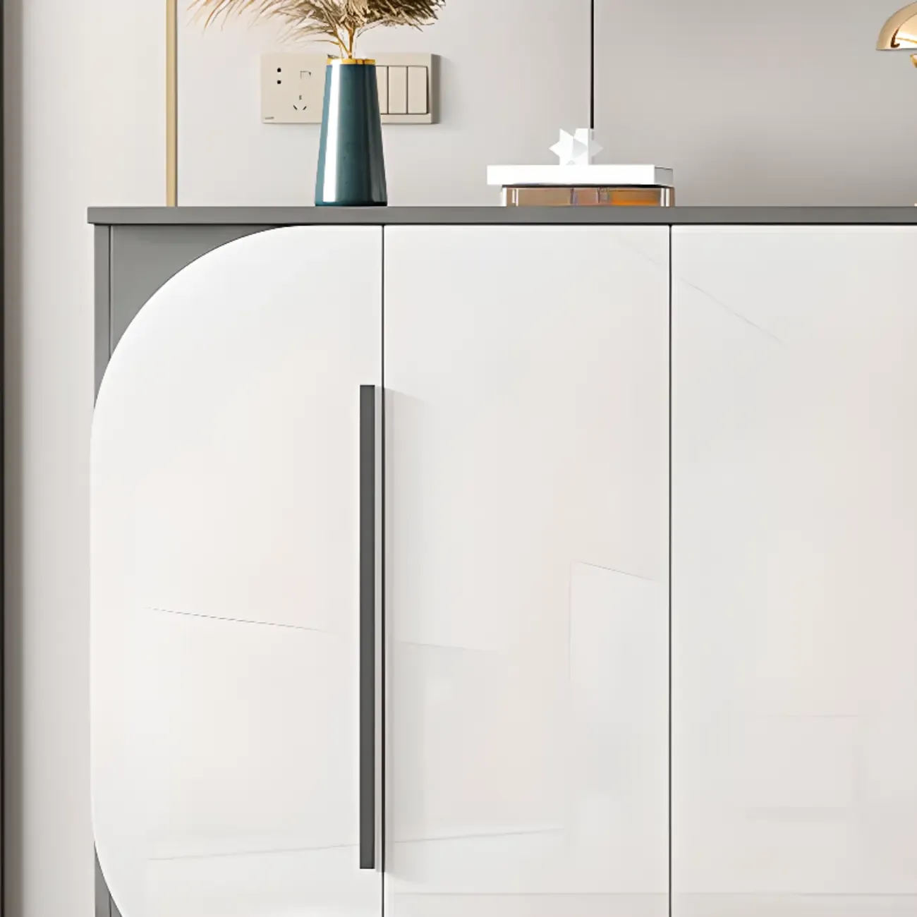 Trendy Gray-White Wooden Shoe Cabinet with Display Top