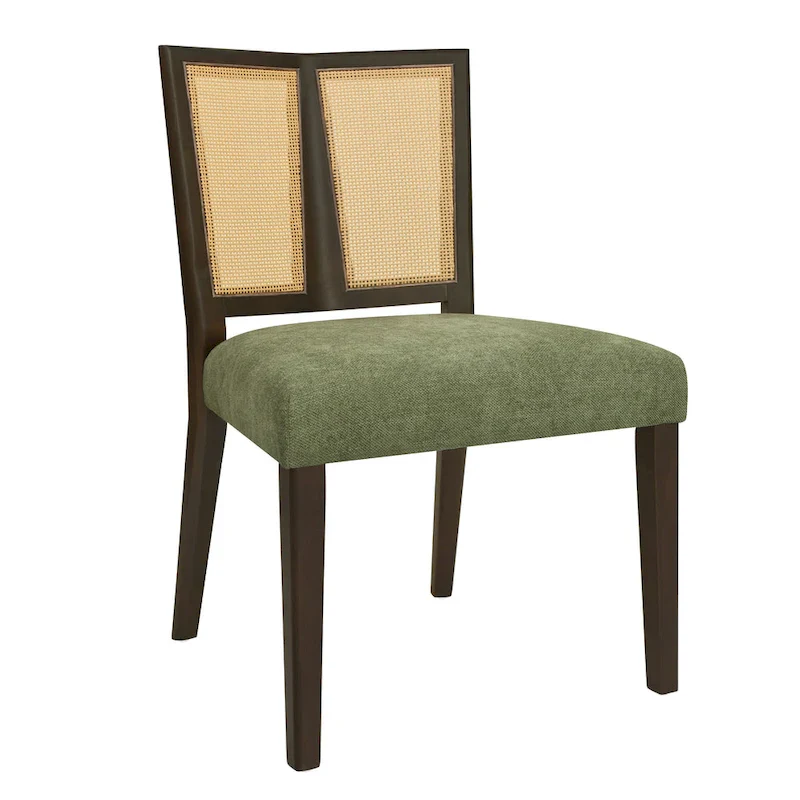Mid-Century Rattan Back Upholstered Dining Chair Set of 2
