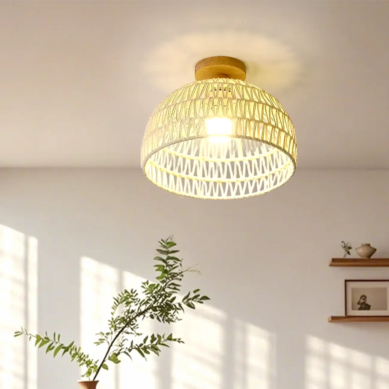 Natural Finish Semi Flush Ceiling Light with Rope Dome Shade
