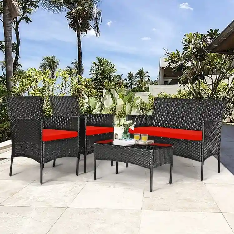 4 Pieces Patio Rattan Cushioned Sofa Set with Tempered Glass Coffee Table - 24 x 23.5 x 33 (L x W x H)