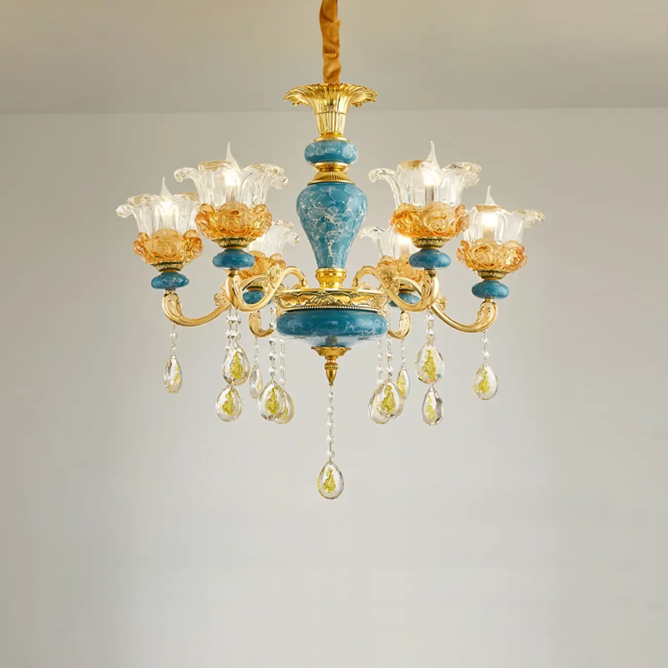 Large Luxury Brass Flower Shape Clear Glass Chandelier