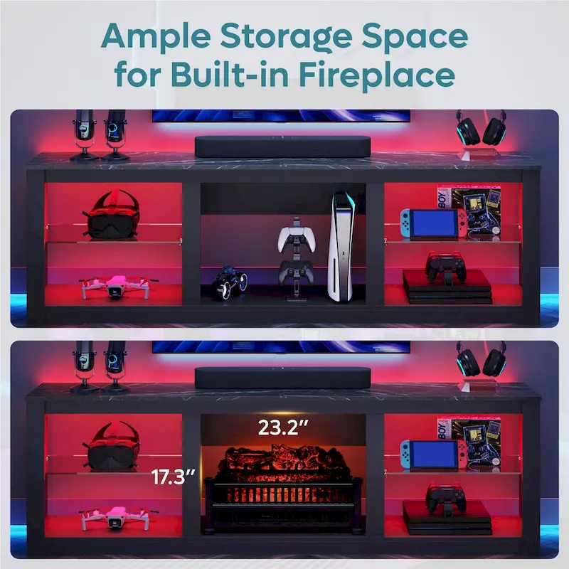 70-Inch LED TV Stand with Tempered Glass Shelves and Open Cabinet - 71 in