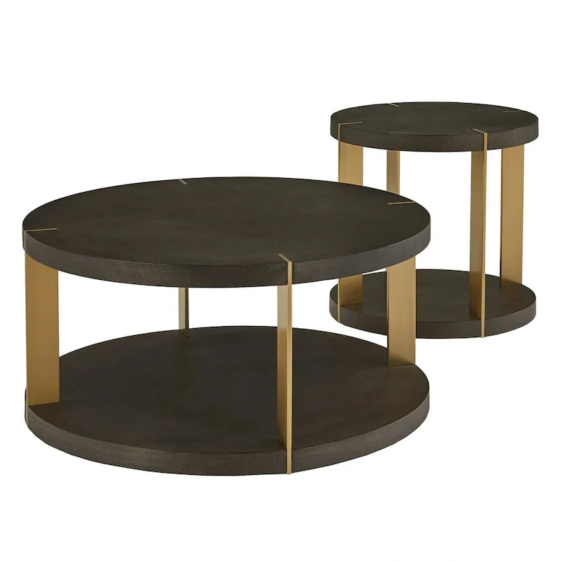 Gold Finish Metal Dark Brown Faux Shagreen Round Table Set