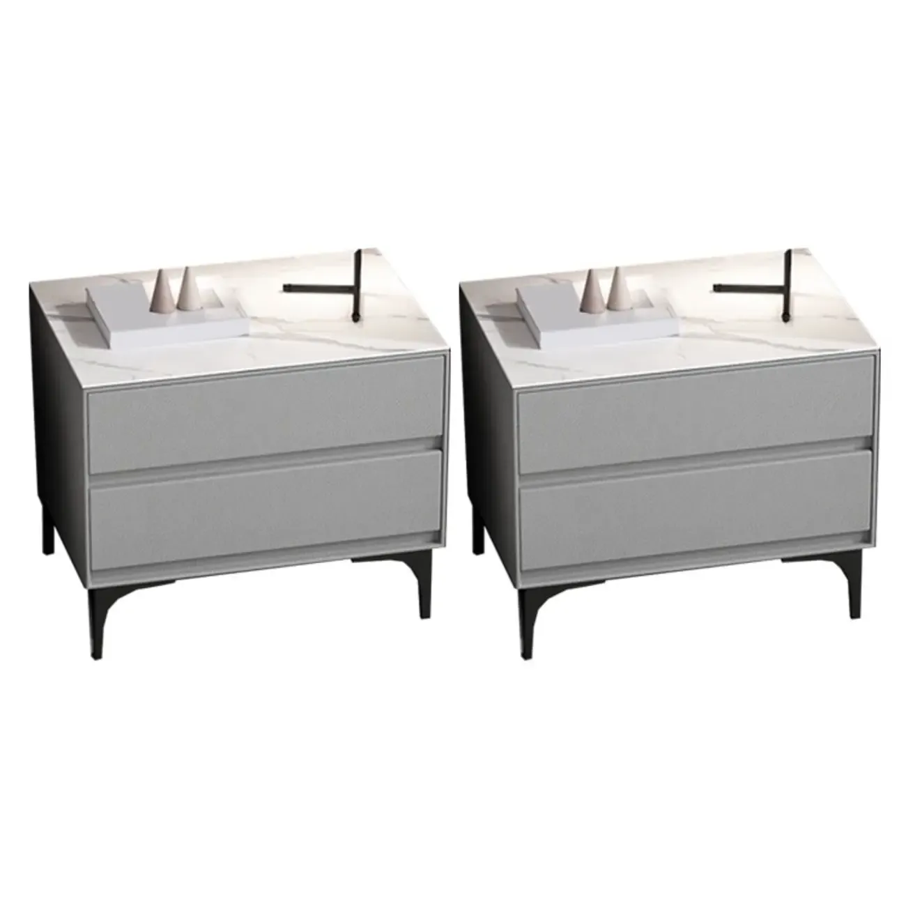 Modern Stone Top Faux Leather 2-Drawer Nightstand