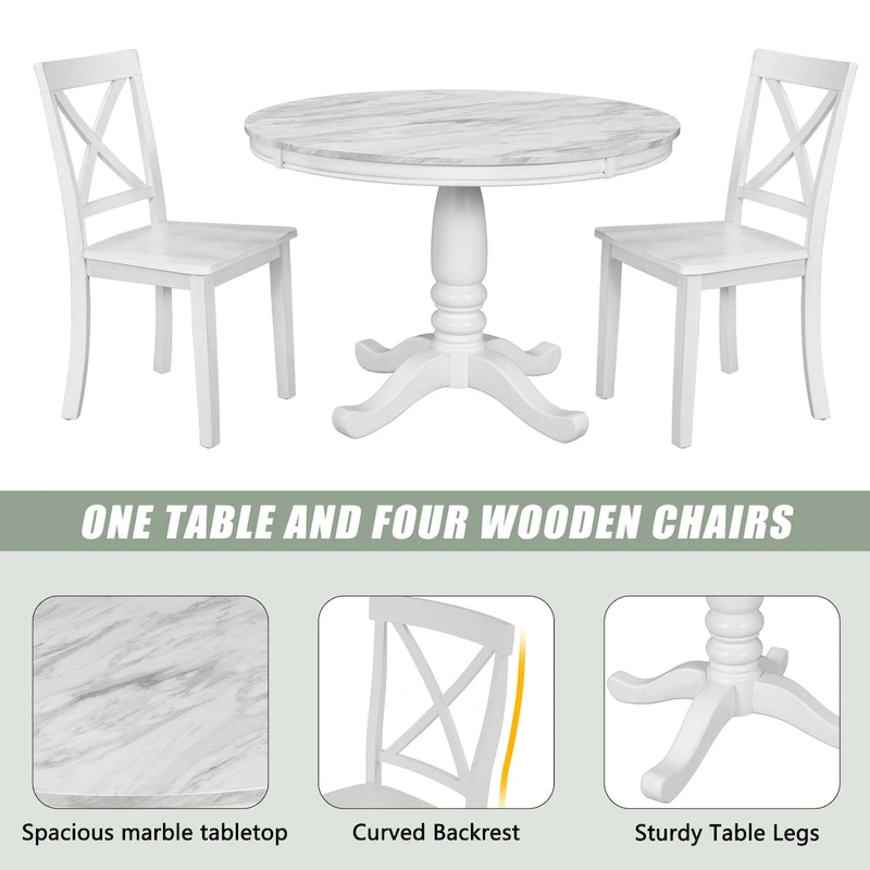 Modern Style Wooden 5-Piece Dining Set with Round Table amd 4 Upholstered Chairs