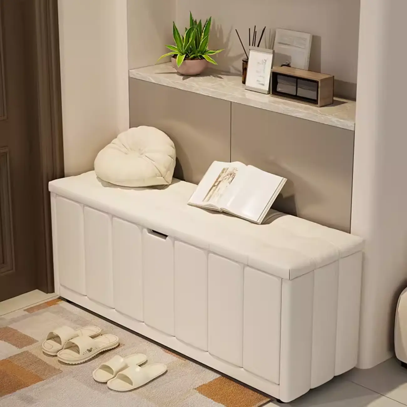 Adjustable Shelves Drop Front Wood Cushioned Shoe Bench