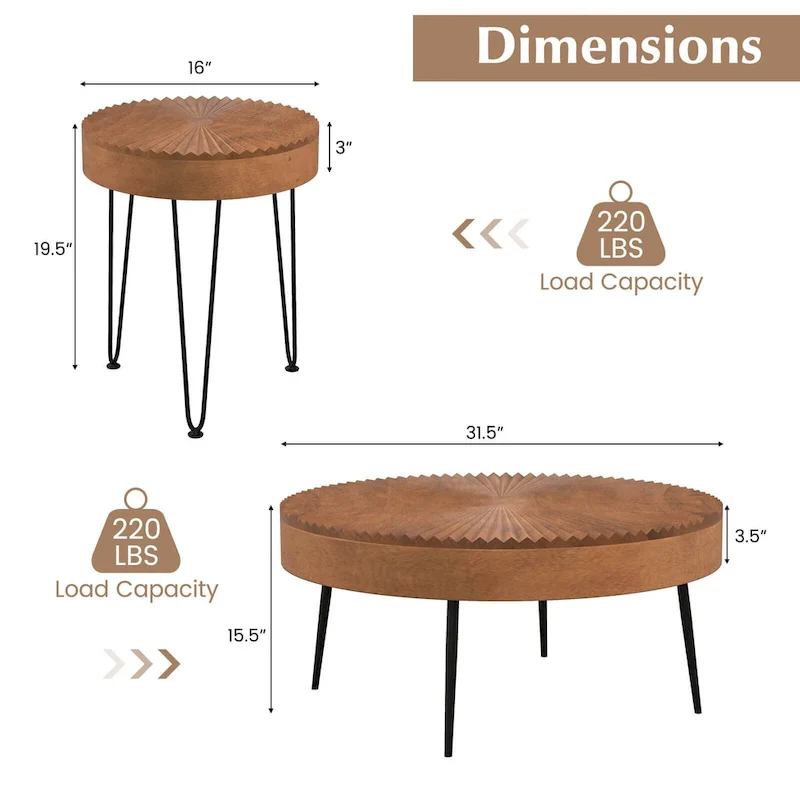 Farmhouse Round Coffee Table End Table Natural Finish