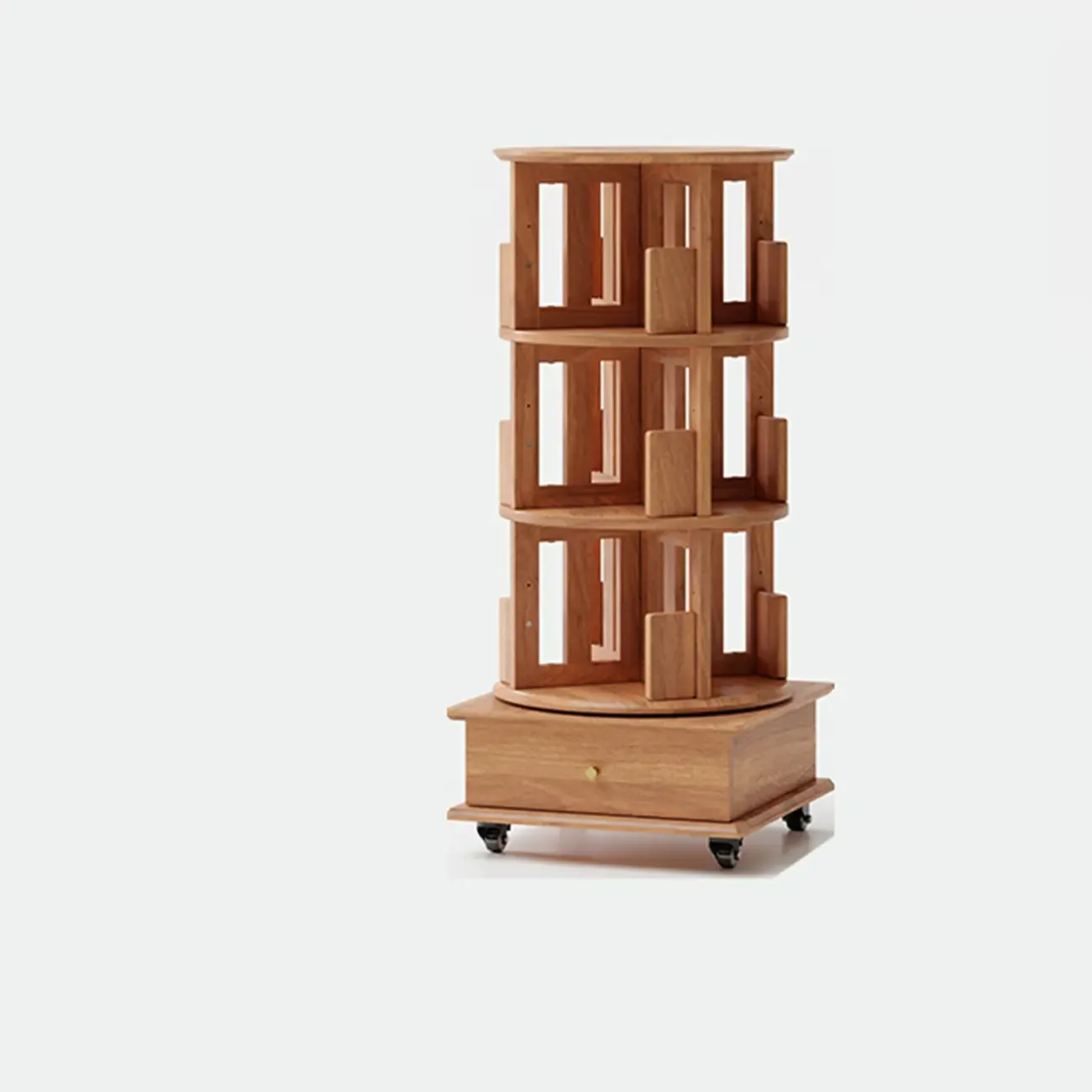 Narrow Cherry Wood Vertical 6 Shelf Rotating Bookshelf