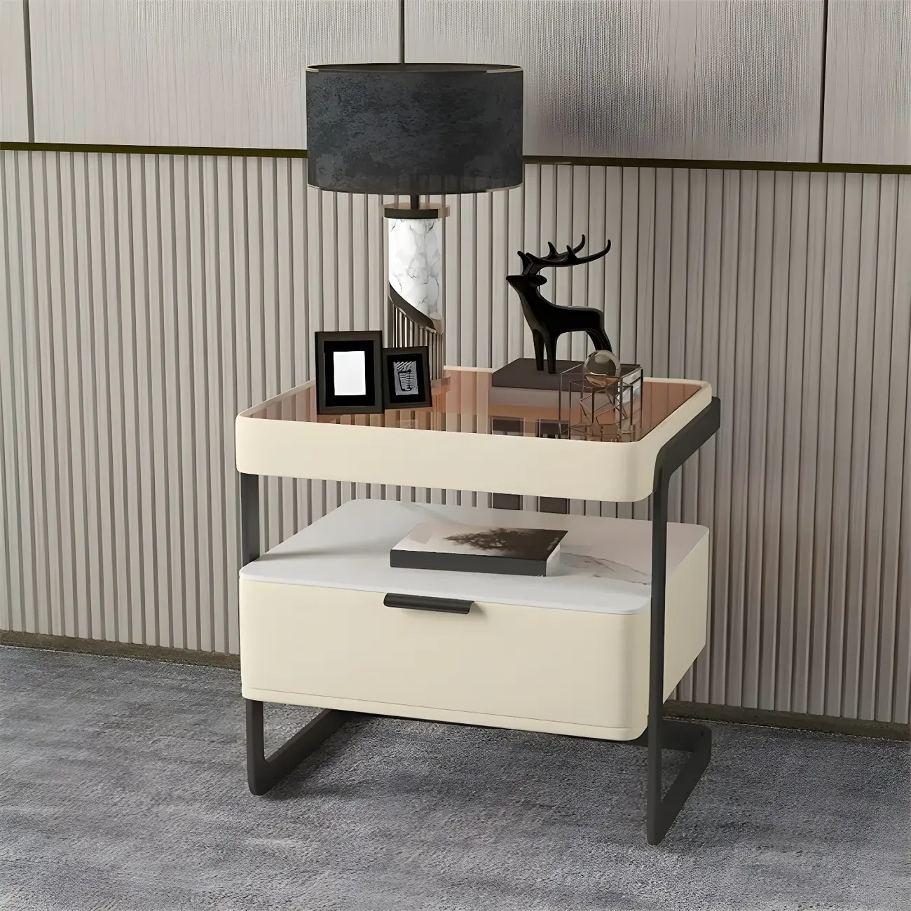 Modern Wood Nightstand with Glass Countertop and Drawer