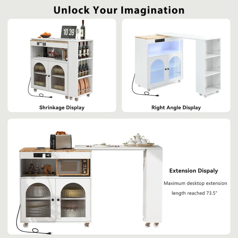 56.3 in. W Kitchen Island with Extended Table, LED Lights and Side 3 Open Shelves