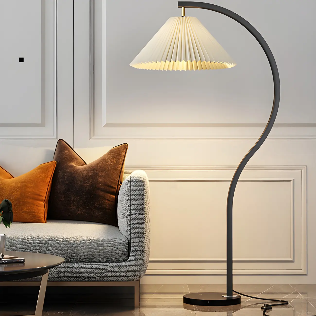 Modern Arched Floor Lamp with Adjustable Pleated Shade
