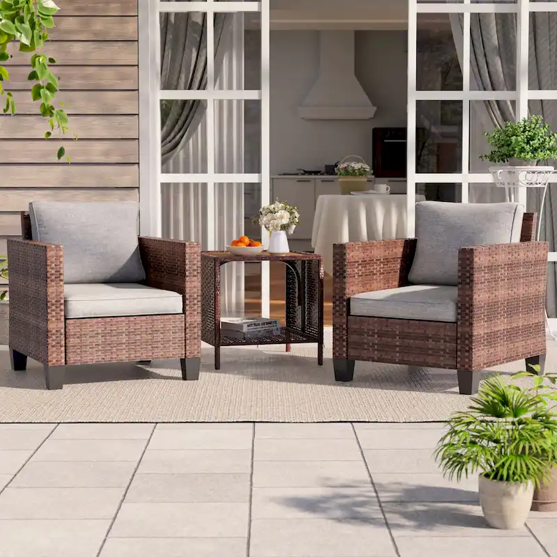 BONOSUKI 3-Piece Patio Sofa Set Brown Rattan with Side Table