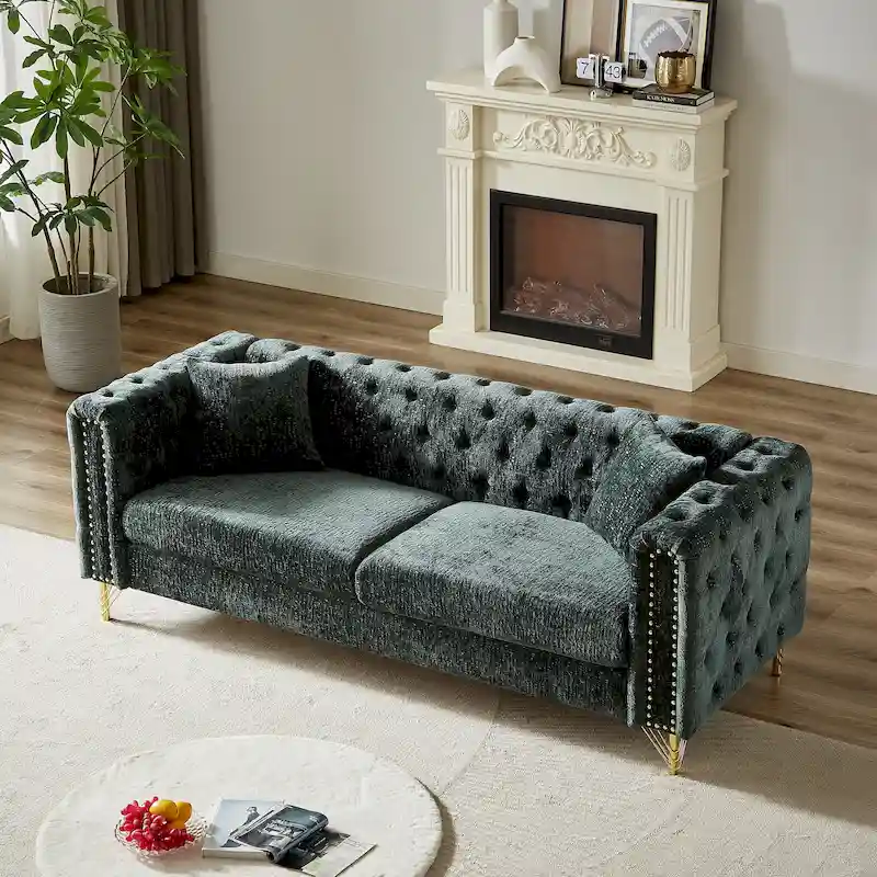Chenille Tufted Upholstered 3-seater Sofa with Metal Legs