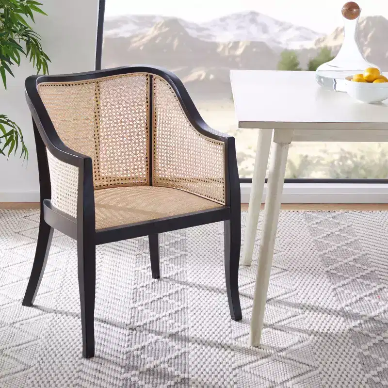 Cane Dining Arm Chair – Elm Wood Frame, Curved Back, White, 275 lb Capacity