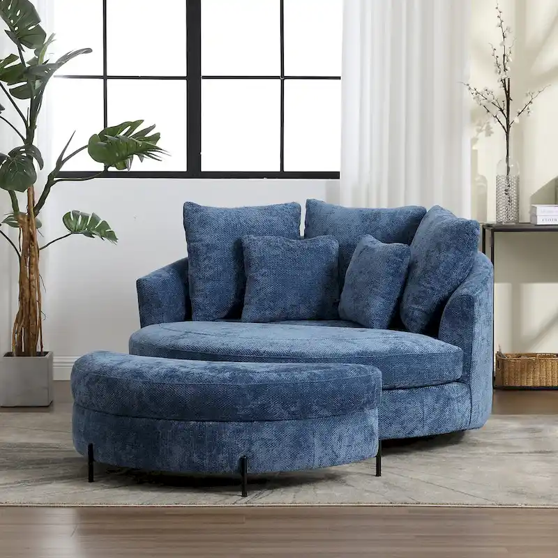 Modern Sofa Chair Round Accent Barrel Chair With 5 Pillows and Optional Ottoman