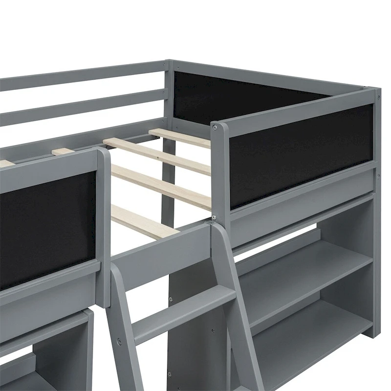 Twin Size Low Loft Bed with Two Movable Shelves and Ladder