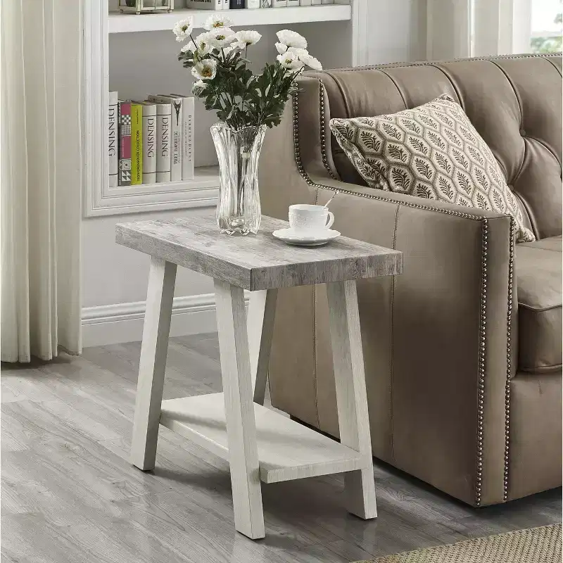 Gray & Beige Wood Side Table with Bottom Shelf, 1-Person