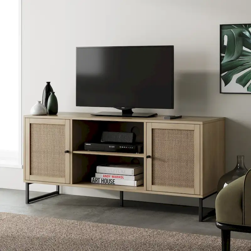 Nathan James Mina Modern TV Stand Entertainment Cabinet Media Console Oak Wood and Black Accents w/ Storage Doors