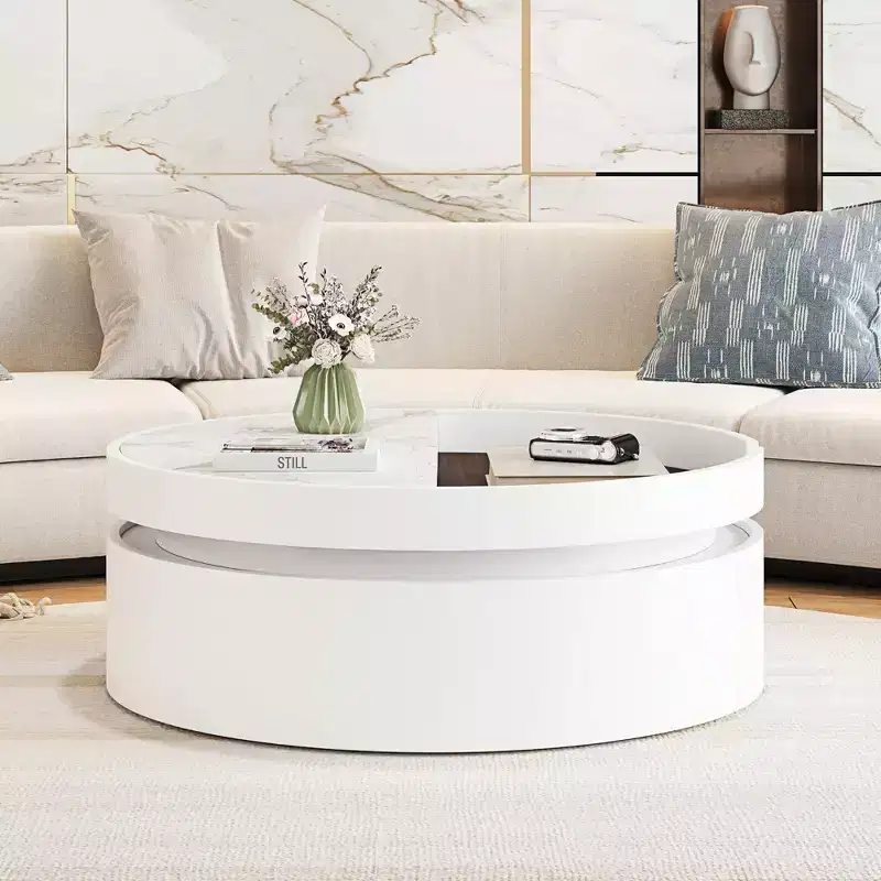 Lift Top Coffee Table with Drawer, Round Center Table with Storage, Modern Wood Adjustable Coffee Table with Storage for Living Room, White
