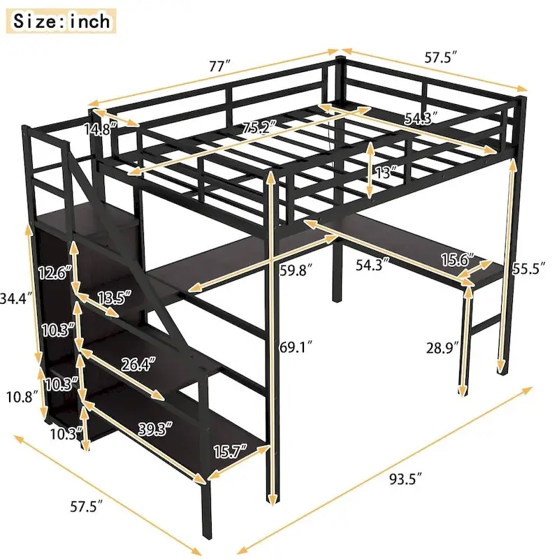 Metal Loft Bed with L-Shaped Desk and USB