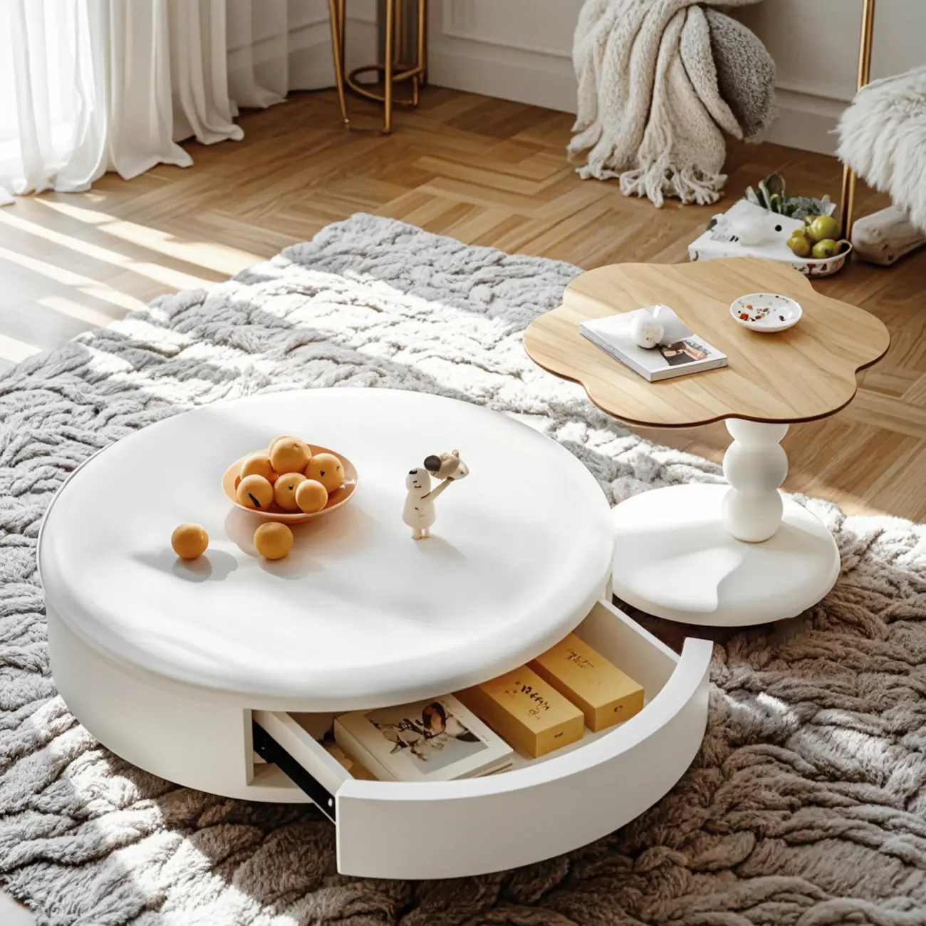 Modern White Round Wood Coffee Table with Drawer