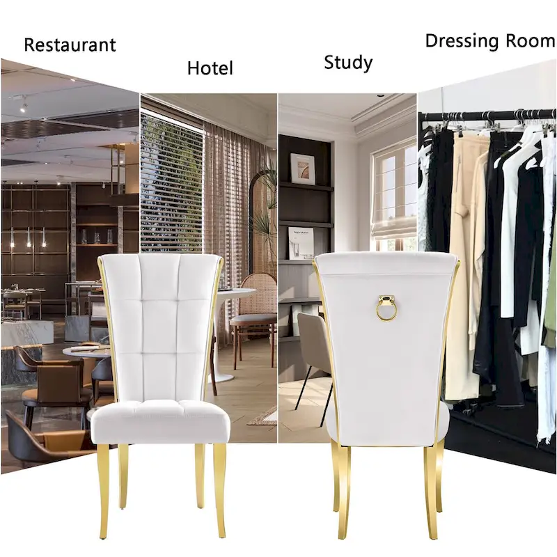 Luxury White Velvet Dining Chairs with Pull Ring on Back and Polished Gold Legs