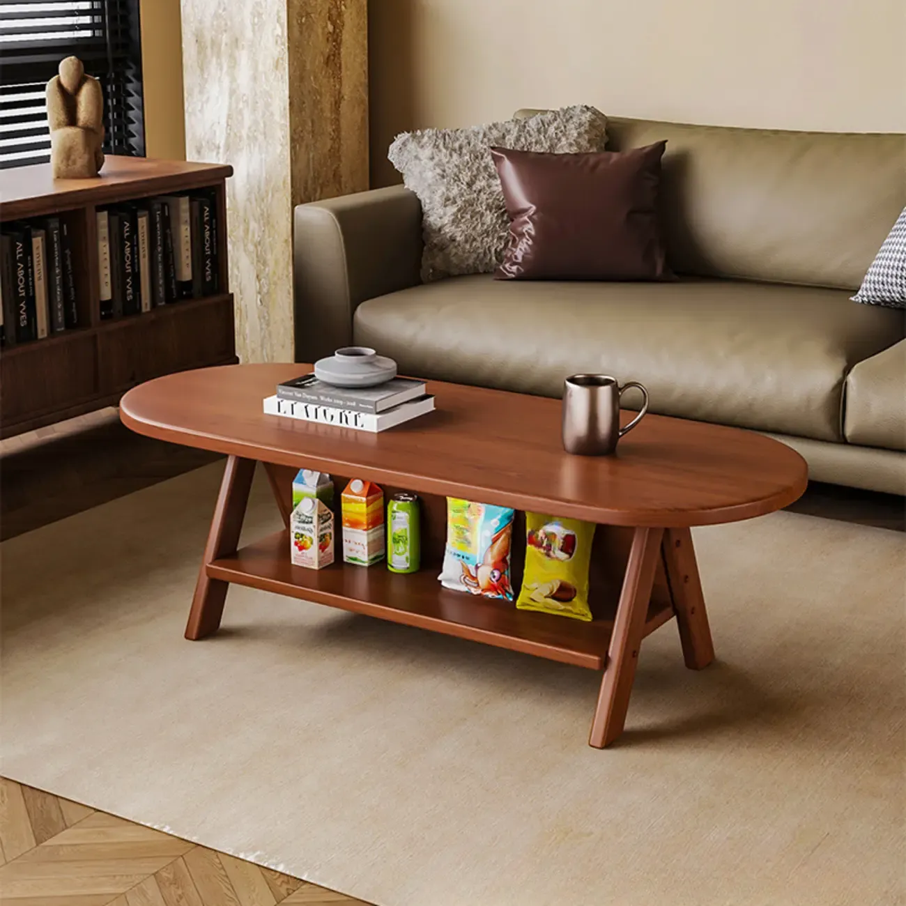 Classic Wooden Oval Coffee Table with Tilt Shelf