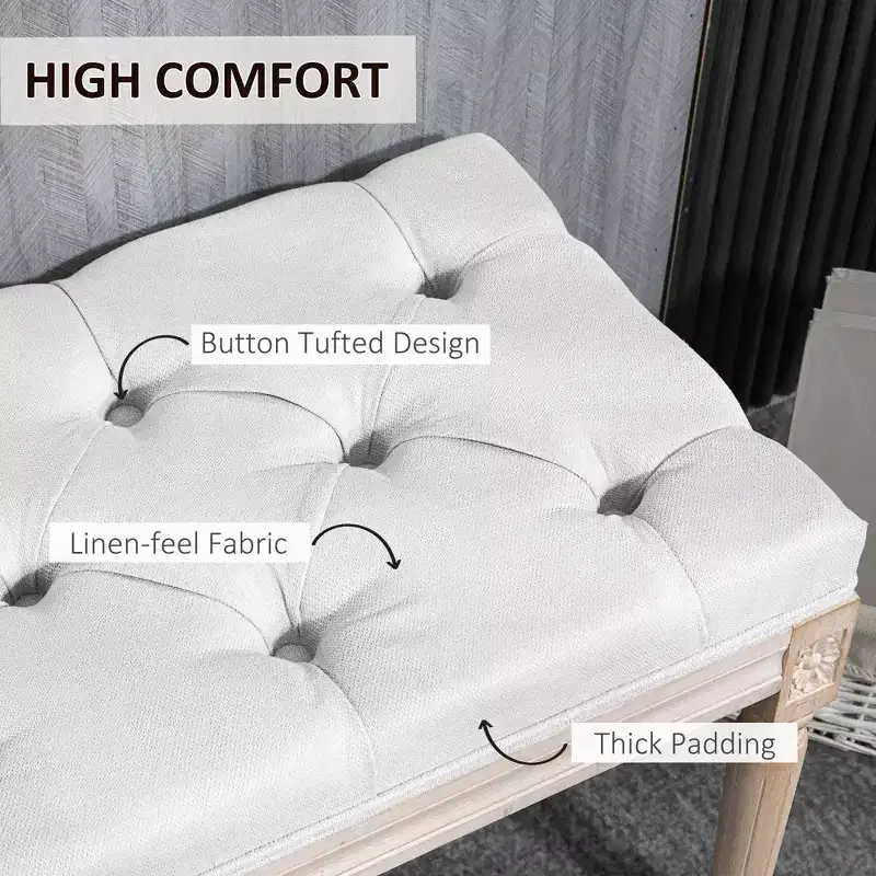 32 Linen Upholstered Bedroom Bench, French End of Bed Bench with Thick Padded Cushion and Wooden Legs