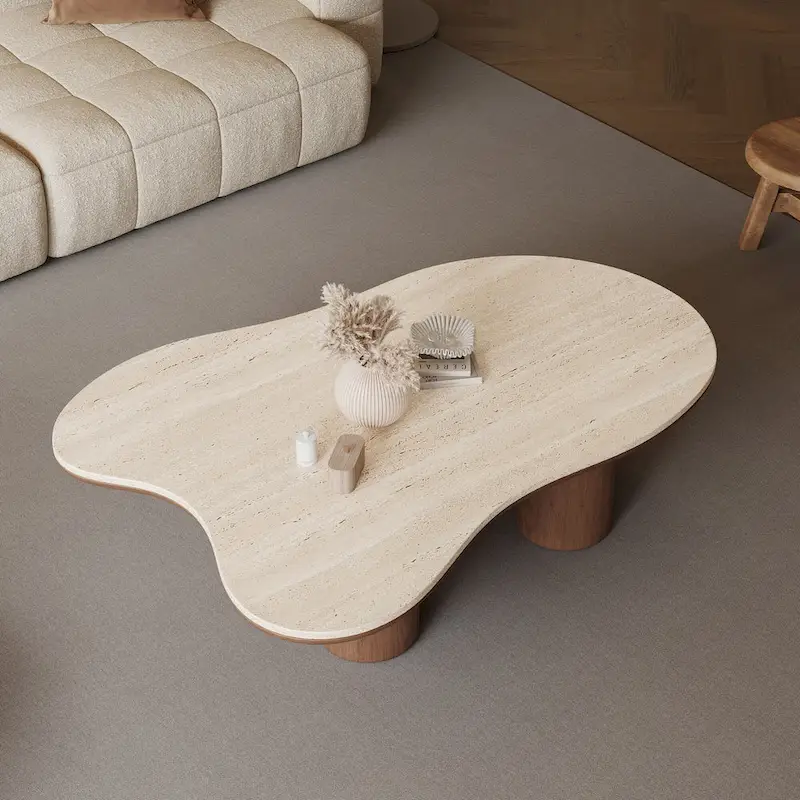 48 Modern Wood Coffee Table, Matte Stone Top, cloud Shaped