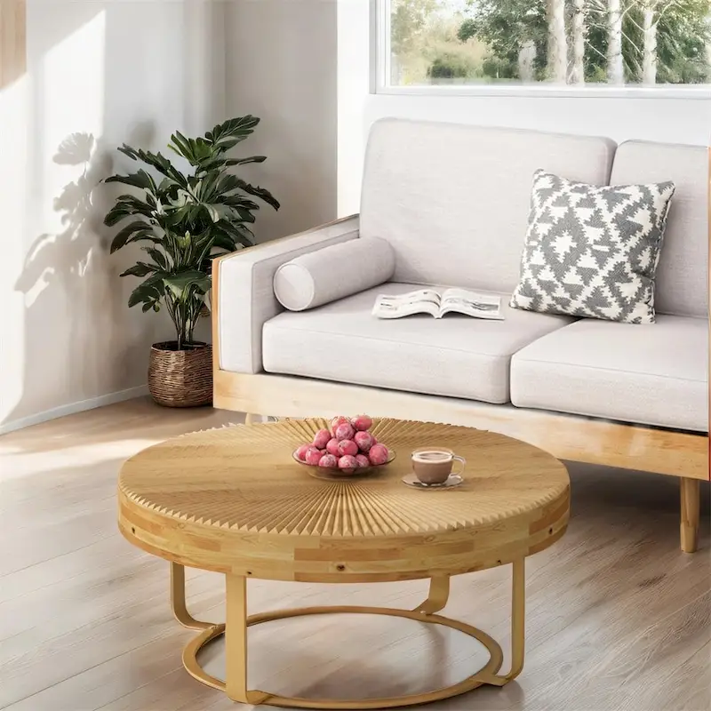 Modern Wood Round Coffee Table with Metal Legs