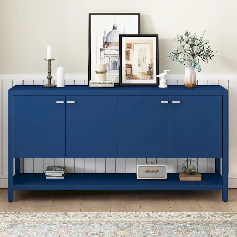 Modern Functional Entryway Console Table with Four-Door Storage and Open Shelf