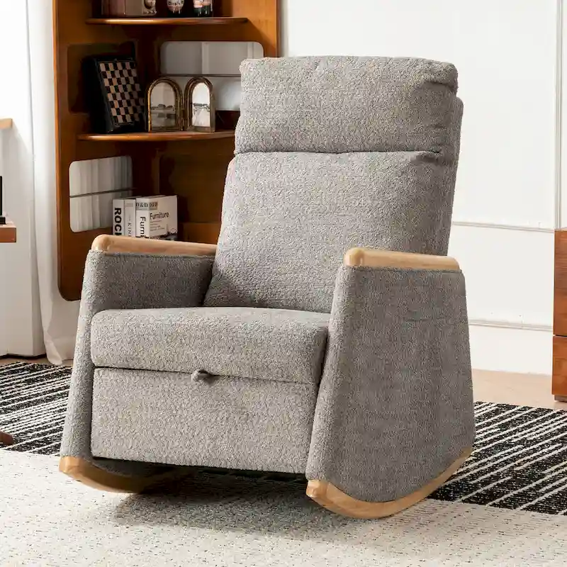 Accent Rocking Chair with Footrest High Back Rubber Wood Rocking Legs Bedroom Living Space