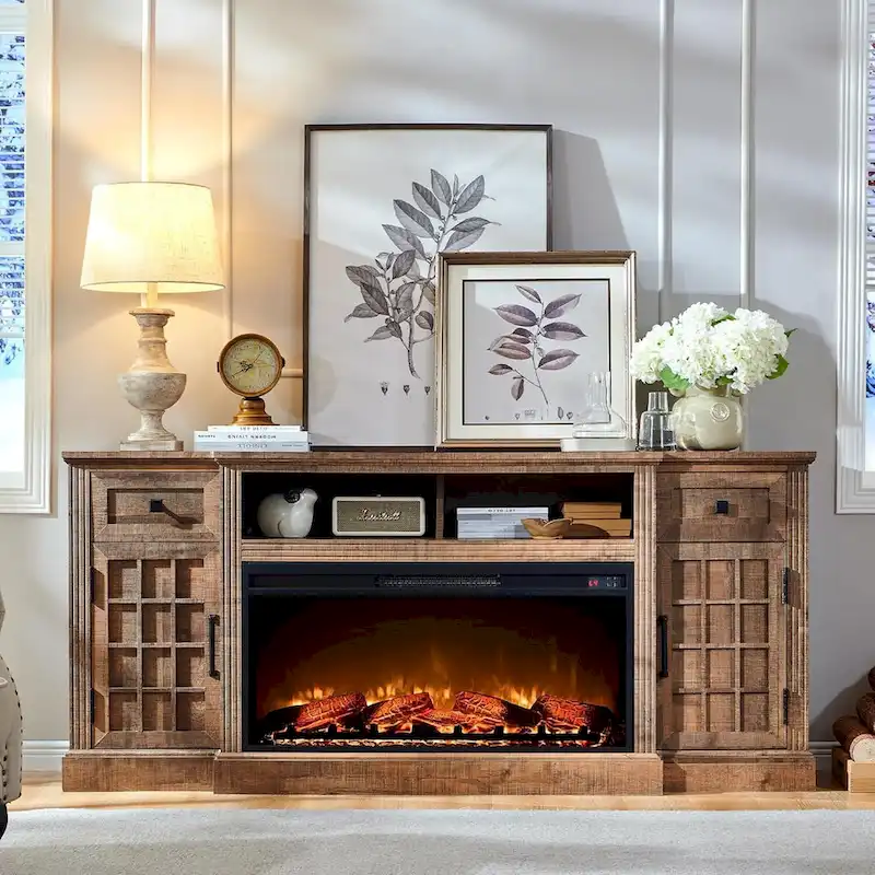 Black/Brown/White Farmhouse Electric Fireplace TV Stand, Fits 80