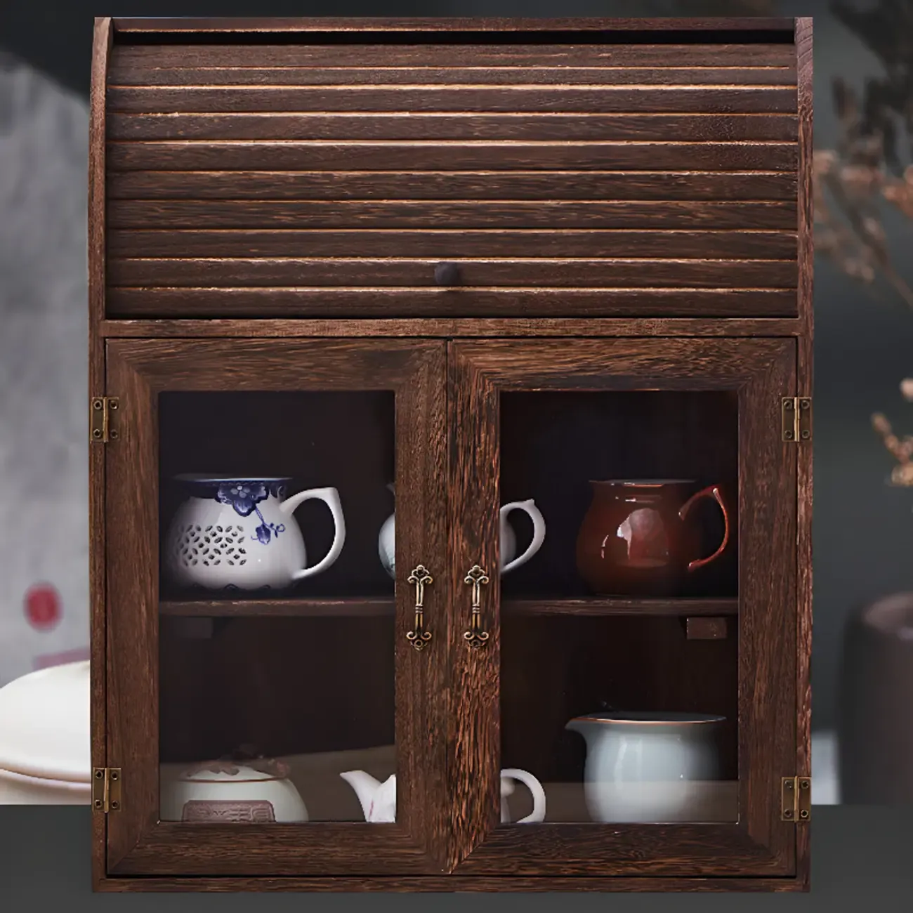 Traditional Wood Glass Door Kitchen Storage Cabinet