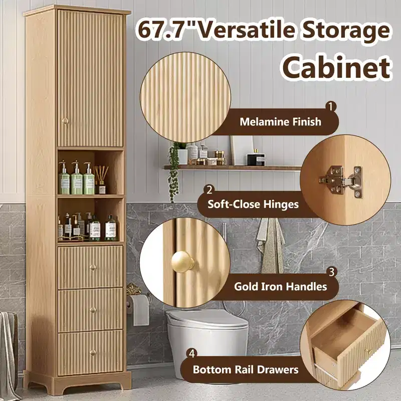 Clihome 67.7 Tall Freestanding Bathroom Cabinet, Traditional American Style,with Adjustable Shelf,Space-Saving Design