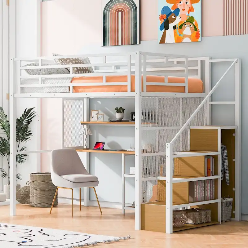 Full Metal Loft Bed with Wardrobe, Desk & Storage Shelves
