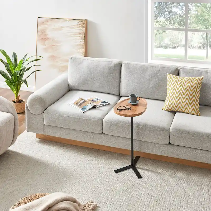 Oval Teardrop Modern Raised Lip Edge Couch-Side Accent C-Table with Crossed Y-Shape Metal Pedestal Leg