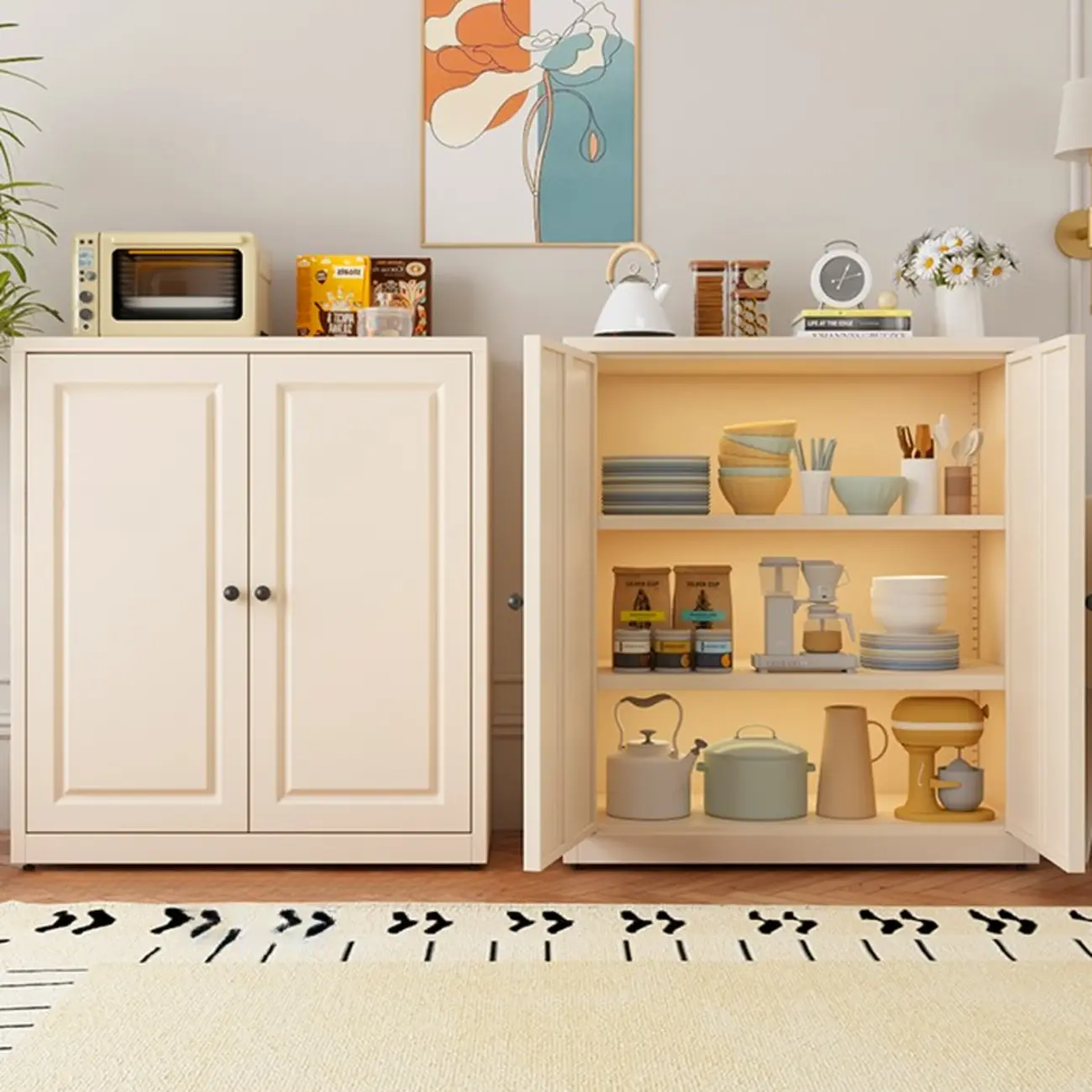 Narrow Metal White Buffet Cabinet with Drawer