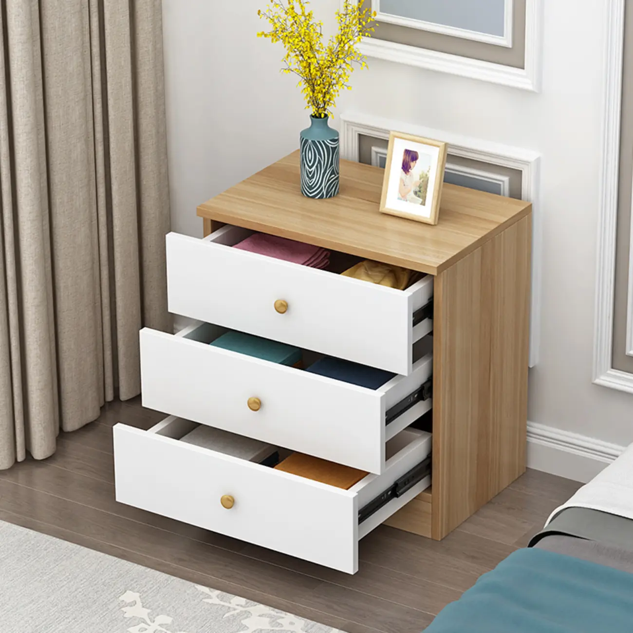 Narrow Wood 5-Drawer Vanity Dresser with Bulti-in Mirror