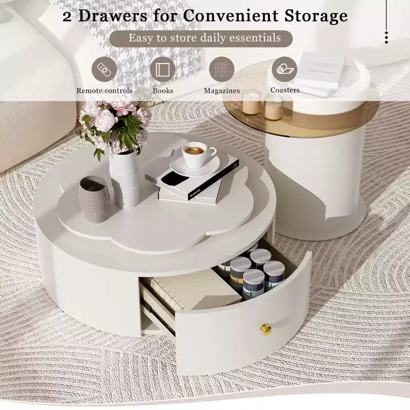 360 Rotatable Coffee Table Round Nesting Coffee Table with Flower Top & 2 Drawers, Accent Table Cocktail Table End Table Side Table-ModernLuxe